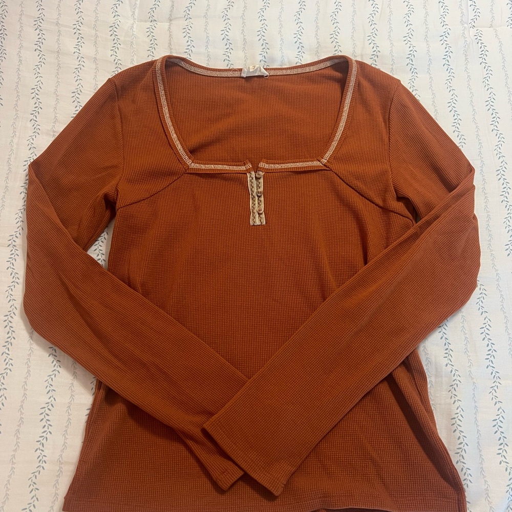 Hem & Thread Brown Orange Fitted Buttoned Blouse